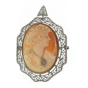 VINTAGE 14K WHITE GOLD CAMEO SHELL BROOCH/PENDANT